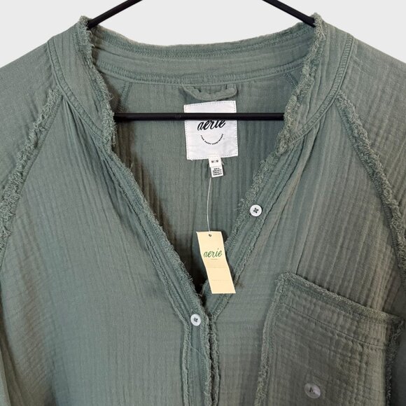 Aerie American Eagle Shirt Green Women's Medium Gauze Button-Up 100% Cotton NEW - Picture 5 of 14